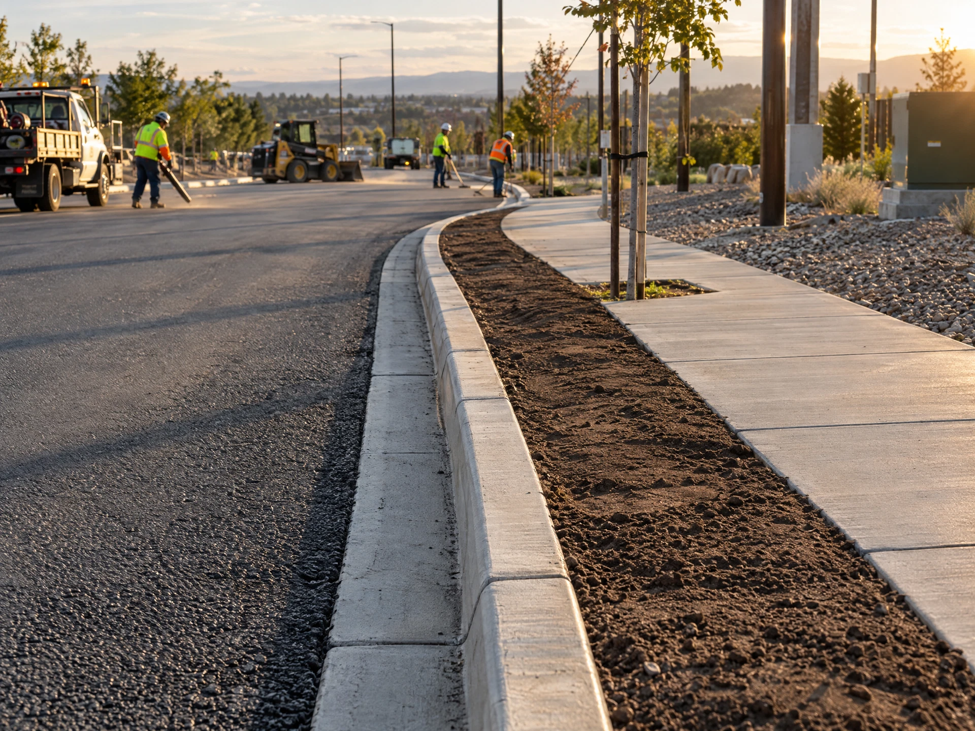 Clean site restoration with repaired asphalt, concrete, and grading